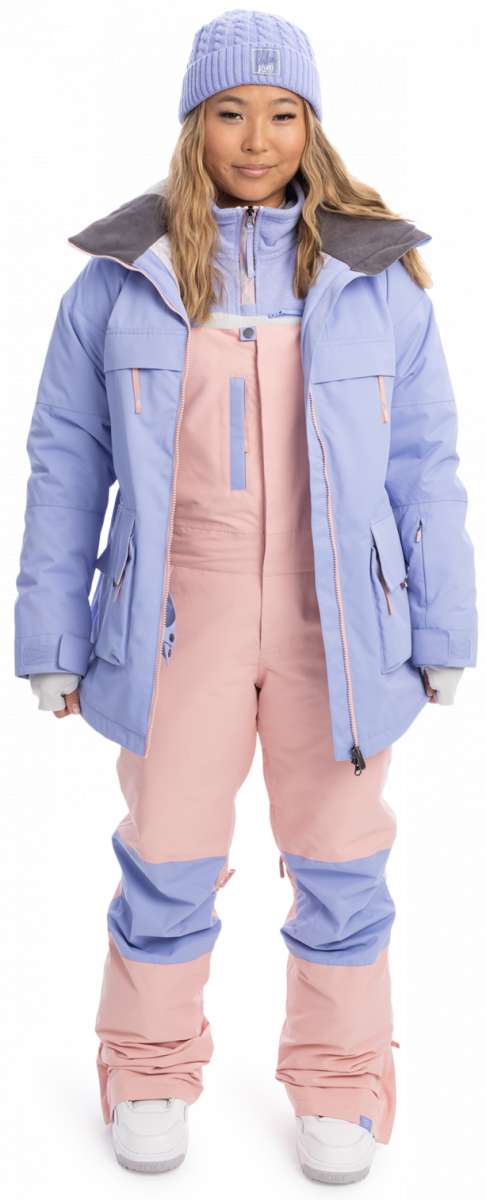 Roxy Women's Chloe Kim Bib Pant 2023 - Light blue bib pant with white trim and a small logo on the left leg.
