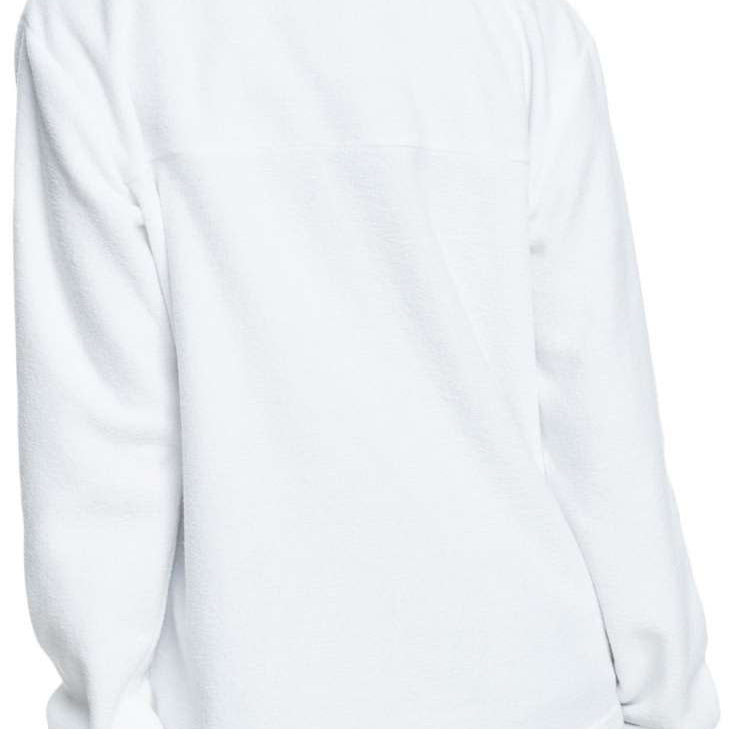 Roxy Women's Chloe Kim Fleece Midlayer 2024 - A white fleece mid-layer with a high collar and long sleeves, featuring a small embroidered logo on the left chest area.