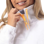 Roxy Women's Chloe Kim Fleece Midlayer 2024 - A white fleece mid-layer with a grey logo on the chest and yellow drawstrings.