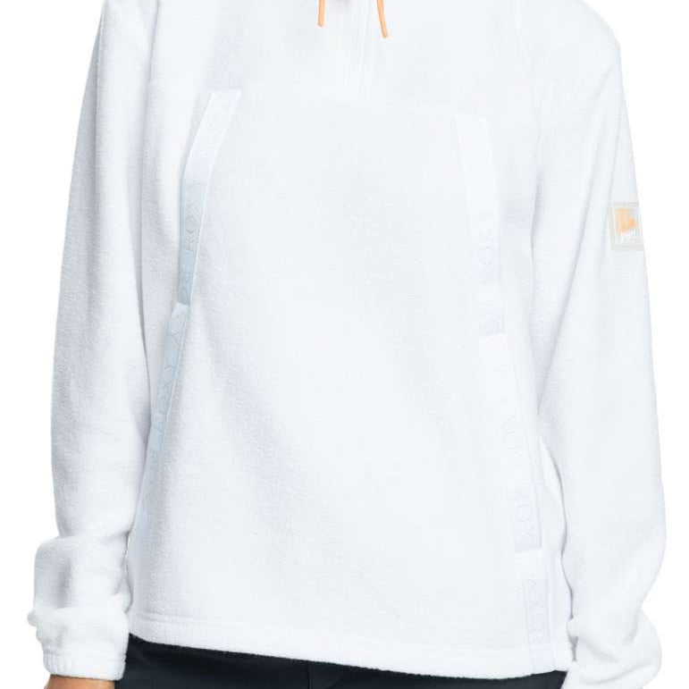 Roxy Women's Chloe Kim Fleece Midlayer 2024 - A white fleece mid-layer with a grey logo on the left chest and orange drawstrings.