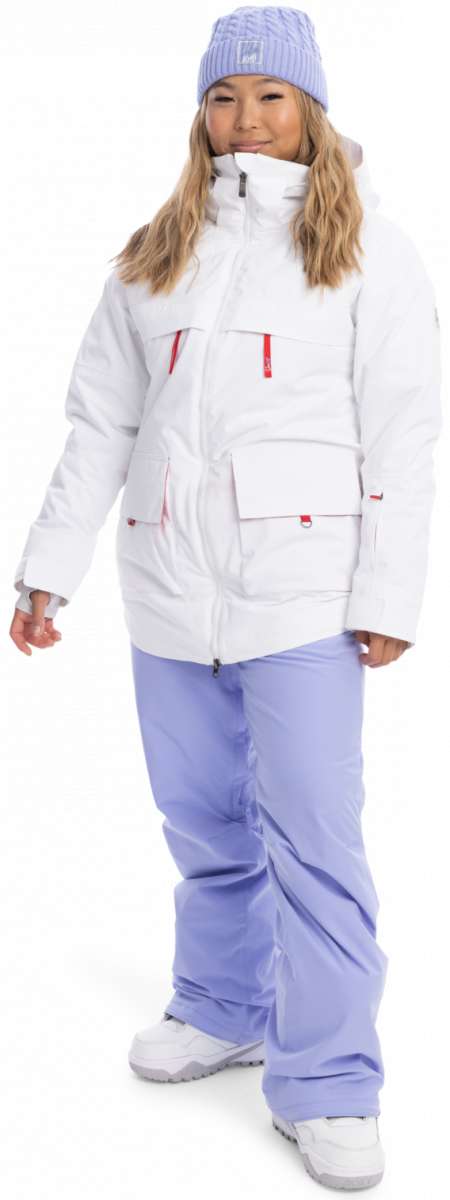 Roxy Women's Chloe Kim Insulated Pant 2023 - White snow pants with red zipper accents and a black drawstring at the waist.
