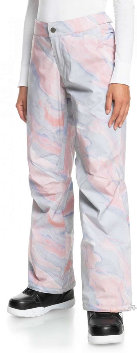 Roxy Women's Chloe Kim Insulated Pant 2023 - White snow pants with a subtle pink and blue marbled pattern.