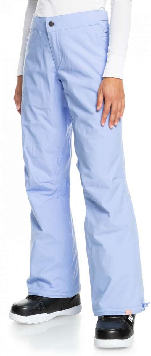 Roxy Women's Chloe Kim Insulated Pant 2023 - Light blue snow pants with a subtle pattern of thin, darker blue stripes on the side seams and black zippers.