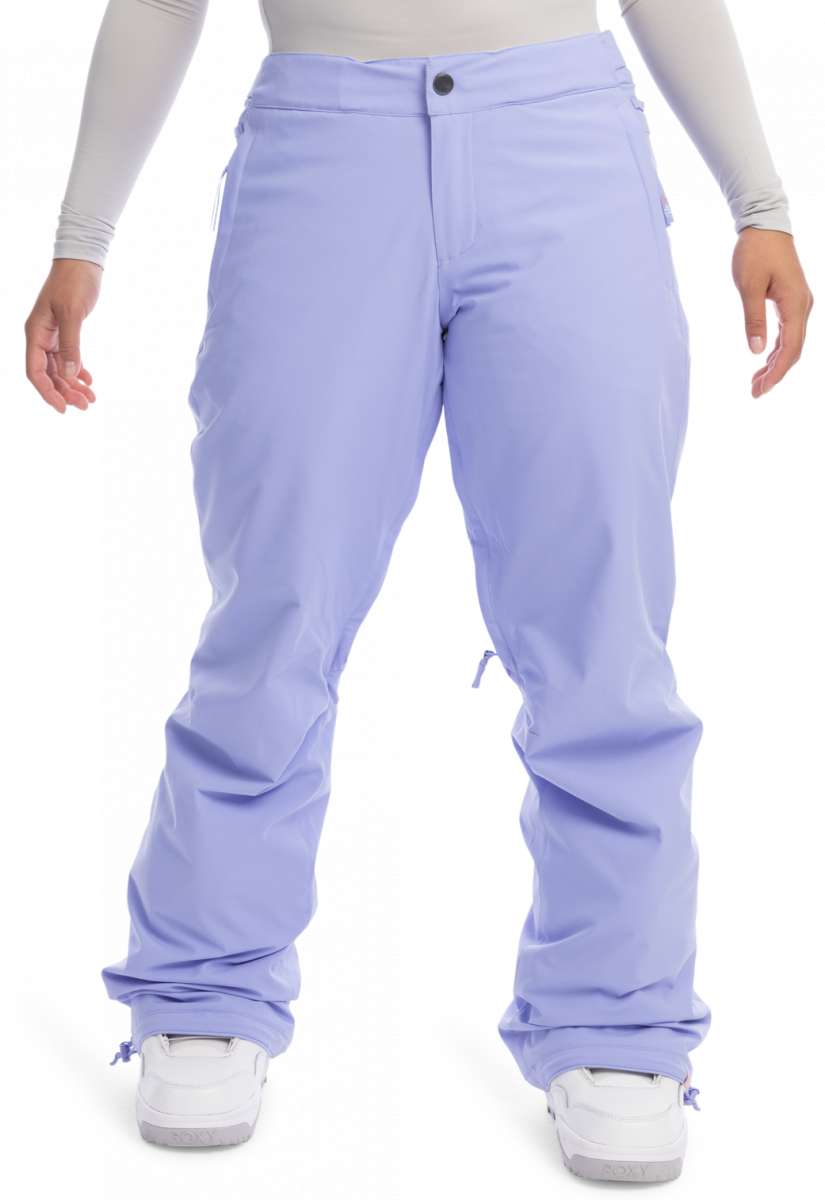 Roxy Women's Chloe Kim Insulated Pant 2023 - Light purple snow pants with a subtle pattern of darker purple lines and a textured fabric, featuring a button fly closure.
