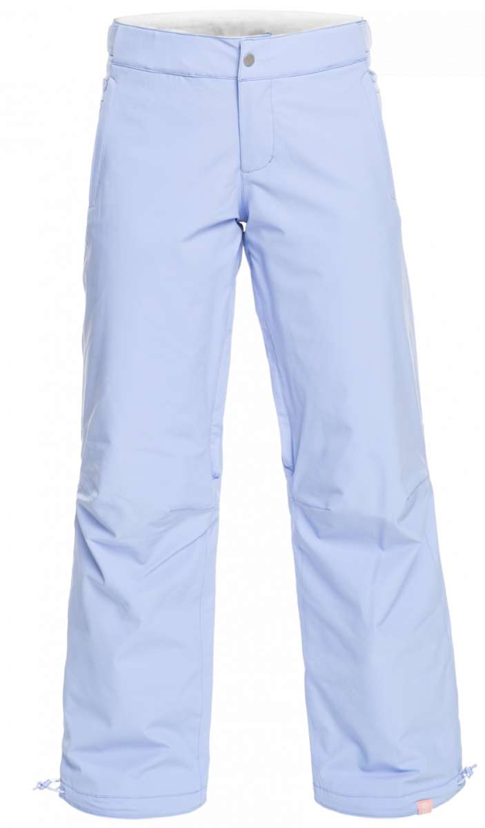Roxy Women's Chloe Kim Insulated Pant 2023 - Light blue snow pants with a subtle white pattern on the left leg, featuring a zippered pocket and adjustable cuffs.