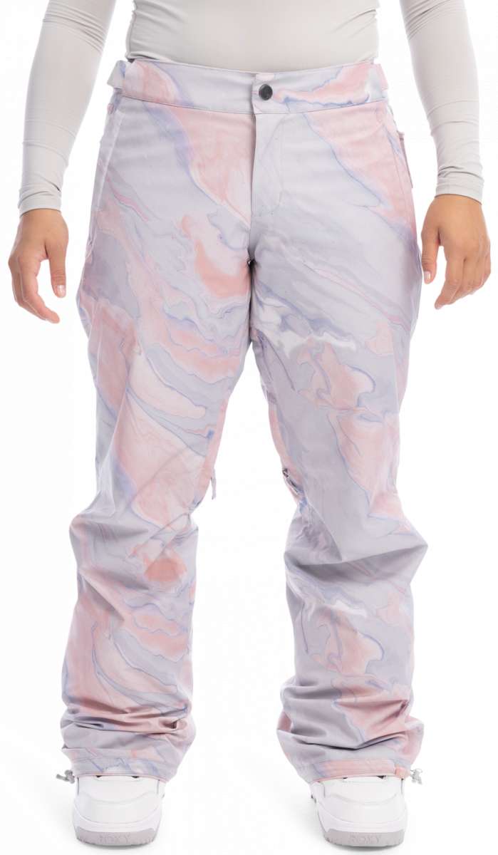 Roxy Women's Chloe Kim Insulated Pant 2023 - A pair of snow pants with a pink and grey marbled pattern, featuring a button fly closure.