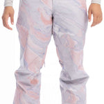 Roxy Women's Chloe Kim Insulated Pant 2023 - A pair of snow pants with a pink and grey marbled pattern, featuring a button fly closure.