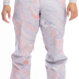 Roxy Women's Chloe Kim Insulated Pant 2023 - A pair of snow pants with a pink and grey marbled pattern, featuring a button fly closure.