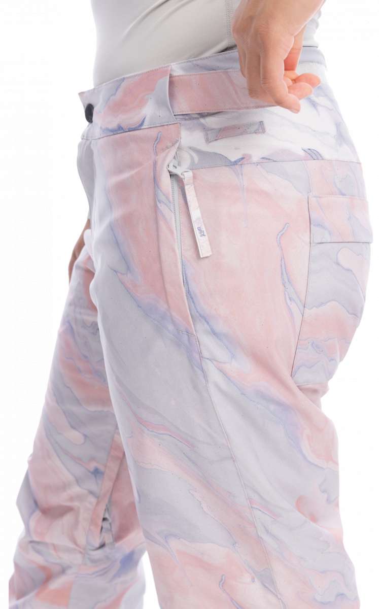 Roxy Women's Chloe Kim Insulated Pant 2023 - A pair of snow pants with a pink and grey marbled pattern, featuring a zippered pocket on the back.