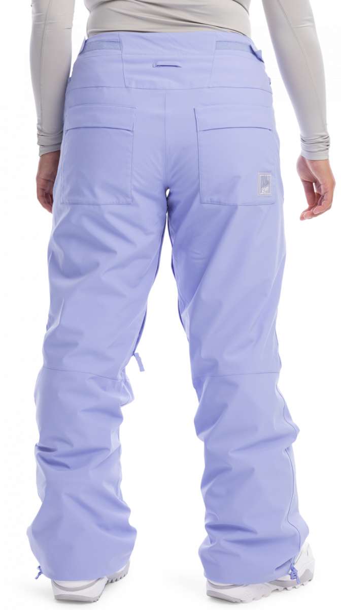 Roxy Women's Chloe Kim Insulated Pant 2023 - Light purple snow pants with a subtle pattern of darker purple lines and white accents, featuring a zippered pocket on the right thigh.