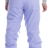Roxy Women's Chloe Kim Insulated Pant 2023 - Light purple snow pants with a subtle pattern of darker purple lines and white accents, featuring a zippered pocket on the right thigh.