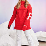 Roxy Women's Chloe Kim Overhead Jacket 2023 - A red jacket with a high collar and white lettering on the sleeve.