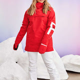 Roxy Women's Chloe Kim Overhead Jacket 2023 - A red jacket with a high collar and white lettering on the sleeve.