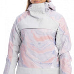 Roxy Women's Chloe Kim Overhead Jacket 2023 - A pastel pink and purple marbled jacket with a high collar, worn by a model against a white background.