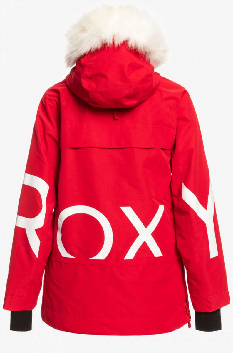 Roxy Women's Chloe Kim Overhead Jacket 2023 - A red jacket with a white fur-lined hood and large "ROXY" logo on the back in white letters.