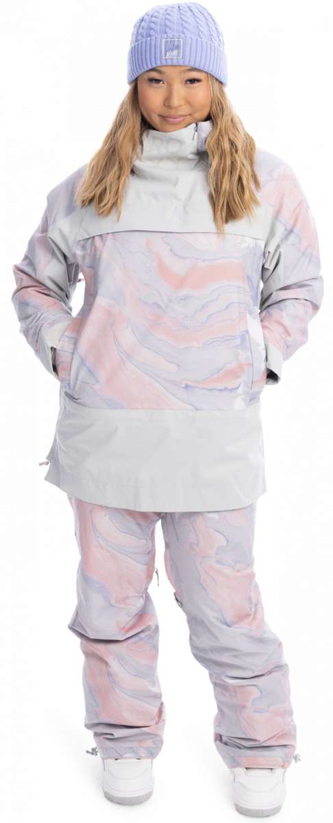 Roxy Women's Chloe Kim Overhead Jacket 2023 - A pastel pink and grey snow jacket with a white stripe across the chest, featuring a zippered pocket on the left side.