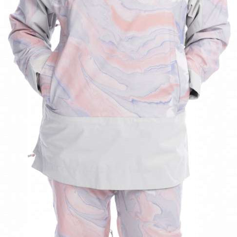 Roxy Women's Chloe Kim Overhead Jacket 2023 - A pastel pink and grey snow jacket with a white stripe across the chest, featuring a zippered pocket on the left side.