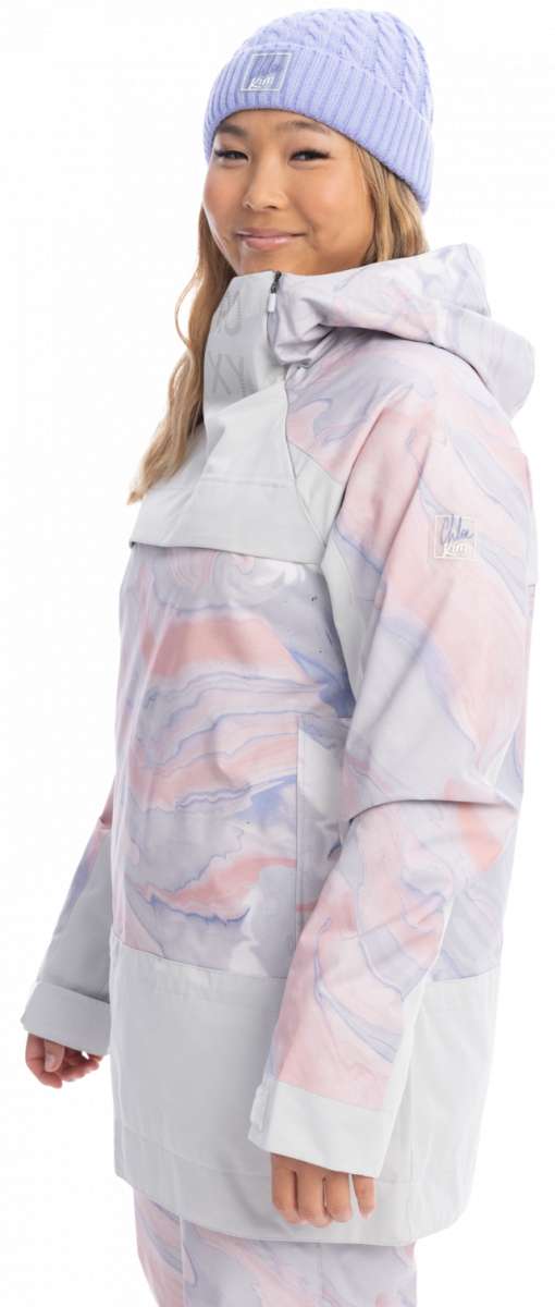 Roxy Women's Chloe Kim Overhead Jacket 2023 - A pastel pink jacket with a subtle white marbled pattern and a high collar.