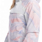 Roxy Women's Chloe Kim Overhead Jacket 2023 - A pastel pink jacket with a subtle white marbled pattern and a high collar.