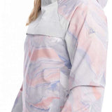 Roxy Women's Chloe Kim Overhead Jacket 2023 - A pastel pink jacket with a subtle white marbled pattern and a high collar.