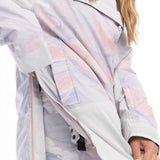 Roxy Women's Chloe Kim Overhead Jacket 2023 - A white jacket with a pink and blue marbled pattern, featuring a zippered pocket on the chest.