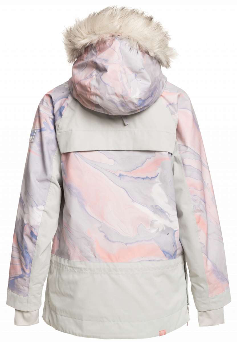 Roxy Women's Chloe Kim Overhead Jacket 2023 - A white jacket with a pink and blue marbled pattern, featuring a fur-lined hood.