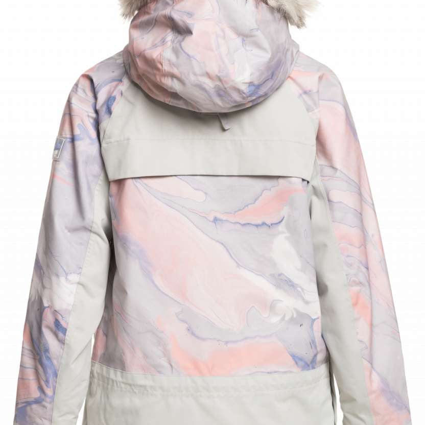 Roxy Women's Chloe Kim Overhead Jacket 2023 - A white jacket with a pink and blue marbled pattern, featuring a fur-lined hood.