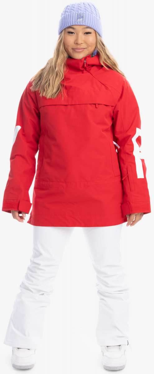 Roxy Women's Chloe Kim Overhead Jacket 2023 - A red jacket with a white logo on the left sleeve and a blue zipper pull.