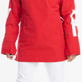 Roxy Women's Chloe Kim Overhead Jacket 2023 - A red jacket with a white logo on the left sleeve and a blue zipper pull.