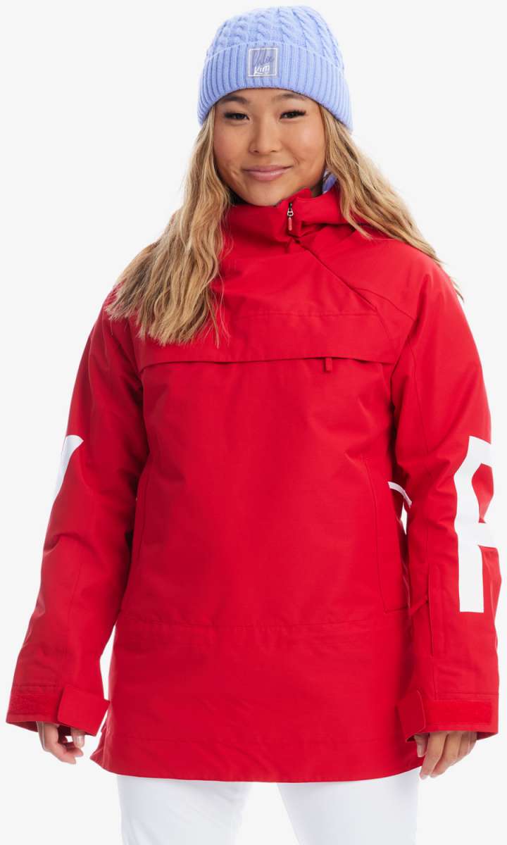 Roxy Women's Chloe Kim Overhead Jacket 2023 - A red jacket with a white logo on the left sleeve and a white zipper pull.