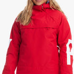 Roxy Women's Chloe Kim Overhead Jacket 2023 - A red jacket with a white logo on the left sleeve and a white zipper pull.