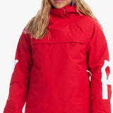 Roxy Women's Chloe Kim Overhead Jacket 2023 - A red jacket with a white logo on the left sleeve and a white zipper pull.
