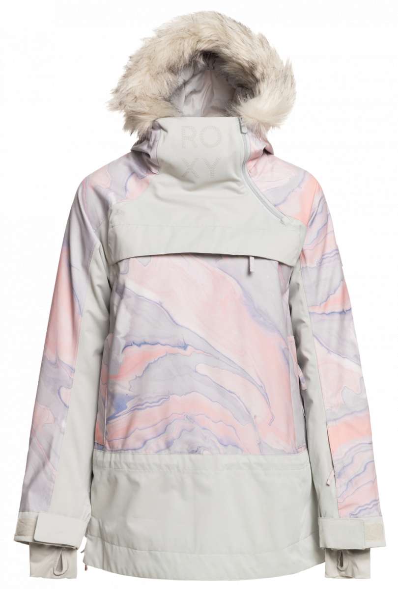 Roxy Women's Chloe Kim Overhead Jacket 2023 - A pastel pink and purple marbled print jacket with a white faux fur hood trim.