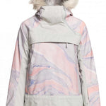 Roxy Women's Chloe Kim Overhead Jacket 2023 - A pastel pink and purple marbled print jacket with a white faux fur hood trim.
