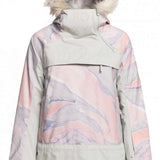Roxy Women's Chloe Kim Overhead Jacket 2023 - A pastel pink and purple marbled print jacket with a white faux fur hood trim.