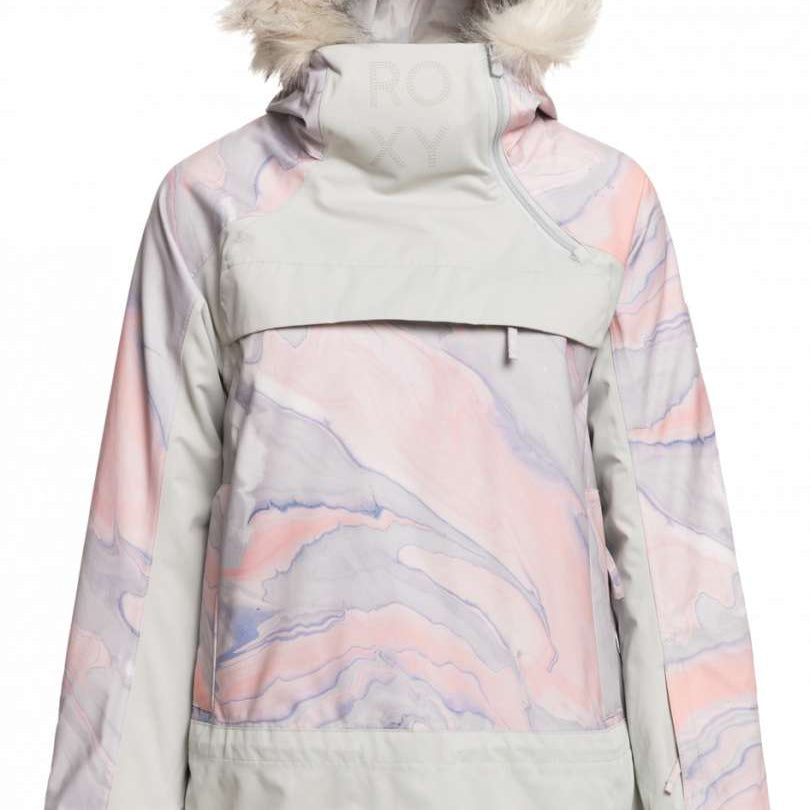 Roxy Women's Chloe Kim Overhead Jacket 2023 - A pastel pink and purple marbled print jacket with a white faux fur hood trim.