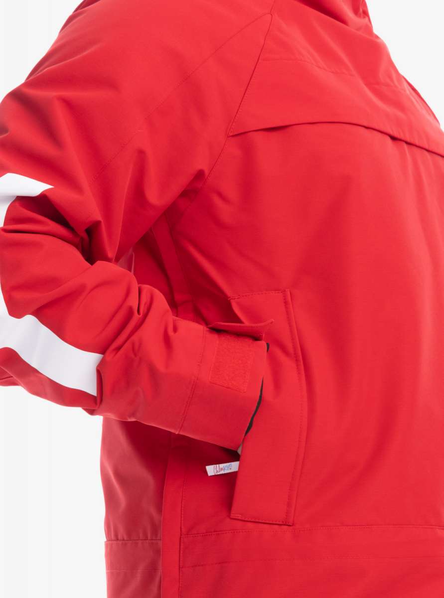 Roxy Women's Chloe Kim Overhead Jacket 2023 - A red jacket with a white stripe on the left sleeve and a hood.