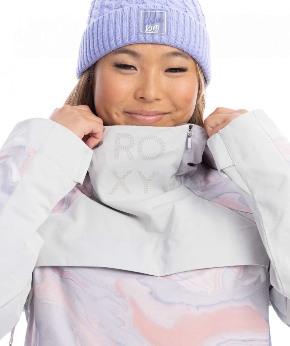 Roxy Women's Chloe Kim Overhead Jacket 2023 - A light blue jacket with a white logo on the chest and a hood.
