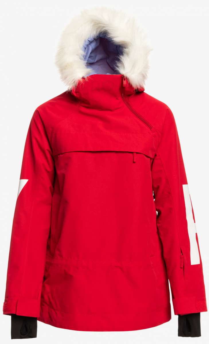 Roxy Women's Chloe Kim Overhead Jacket 2023 - A red jacket with a white fur-lined hood and a zippered chest pocket.