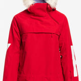 Roxy Women's Chloe Kim Overhead Jacket 2023 - A red jacket with a white fur-lined hood and a zippered chest pocket.