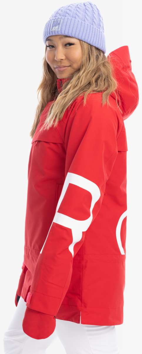 Roxy Women's Chloe Kim Overhead Jacket 2023 - A red jacket with a white logo on the back and a hood.
