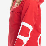 Roxy Women's Chloe Kim Overhead Jacket 2023 - A red jacket with a white logo on the back and a hood.