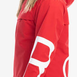 Roxy Women's Chloe Kim Overhead Jacket 2023 - A red jacket with a white logo on the back and a hood.