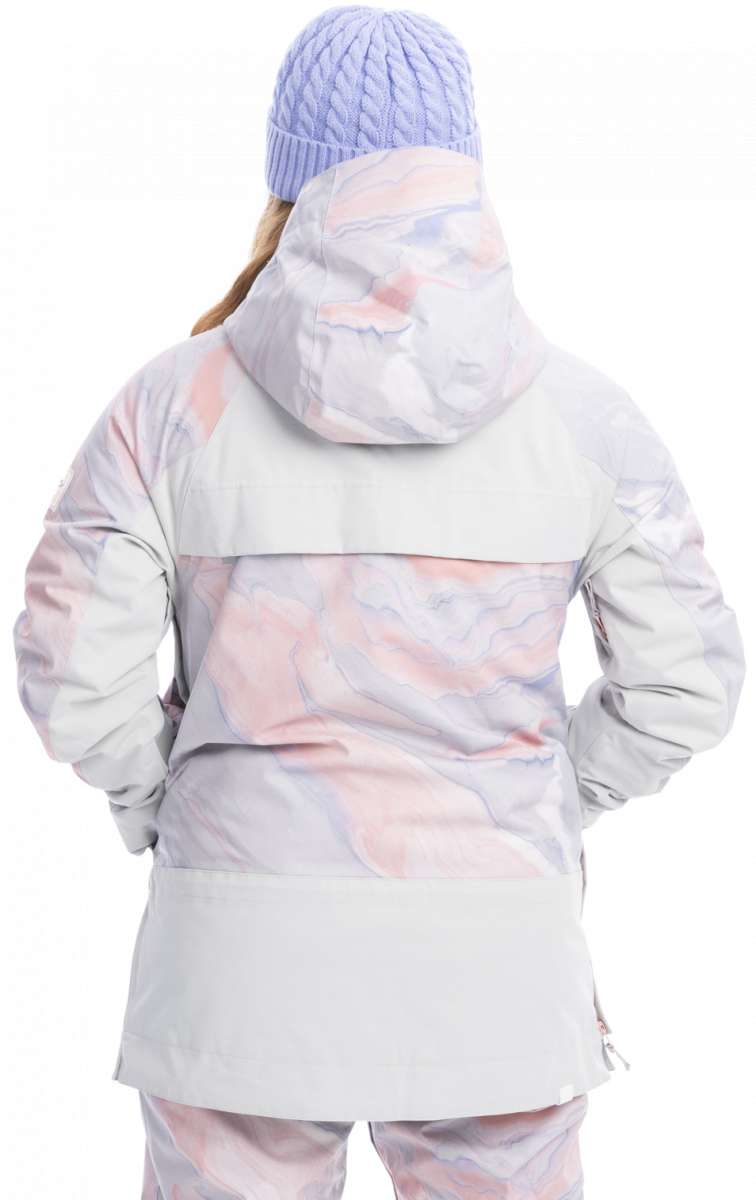 Roxy Women's Chloe Kim Overhead Jacket 2023 - A white jacket with a pink and blue marbled pattern on the back, featuring a hood and zippered pockets.