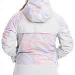 Roxy Women's Chloe Kim Overhead Jacket 2023 - A white jacket with a pink and blue marbled pattern on the back, featuring a hood and zippered pockets.