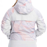 Roxy Women's Chloe Kim Overhead Jacket 2023 - A white jacket with a pink and blue marbled pattern on the back, featuring a hood and zippered pockets.