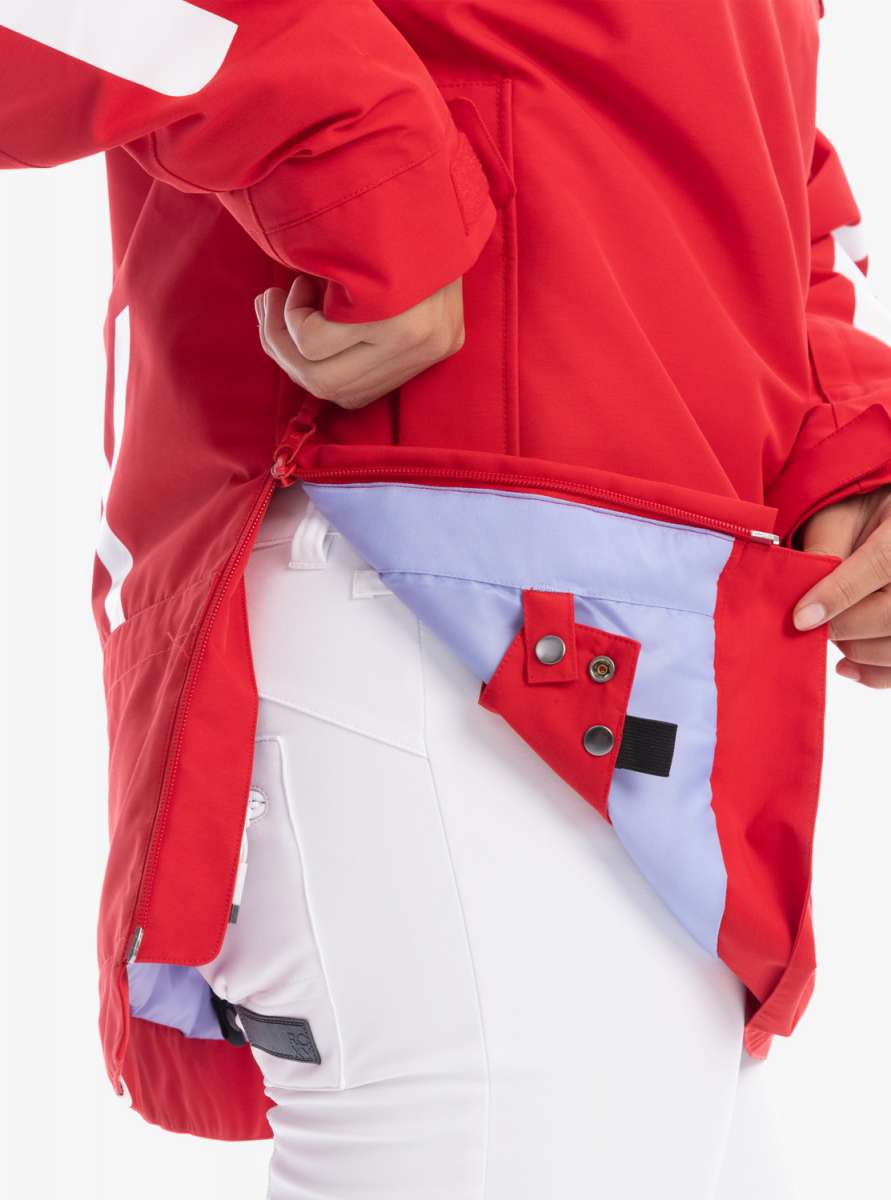 Roxy Women's Chloe Kim Overhead Jacket 2023 - A red jacket with white stripes on the left sleeve and a black zipper.
