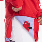 Roxy Women's Chloe Kim Overhead Jacket 2023 - A red jacket with white stripes on the left sleeve and a black zipper.