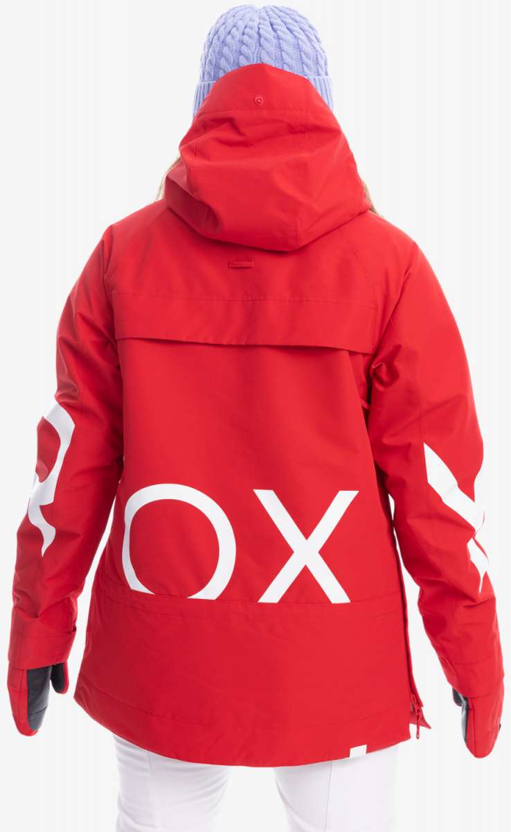 Roxy Women's Chloe Kim Overhead Jacket 2023 - A red jacket with a white logo on the left chest and a large graphic of an athlete in action across the back.