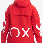 Roxy Women's Chloe Kim Overhead Jacket 2023 - A red jacket with a white logo on the left chest and a large graphic of an athlete in action across the back.